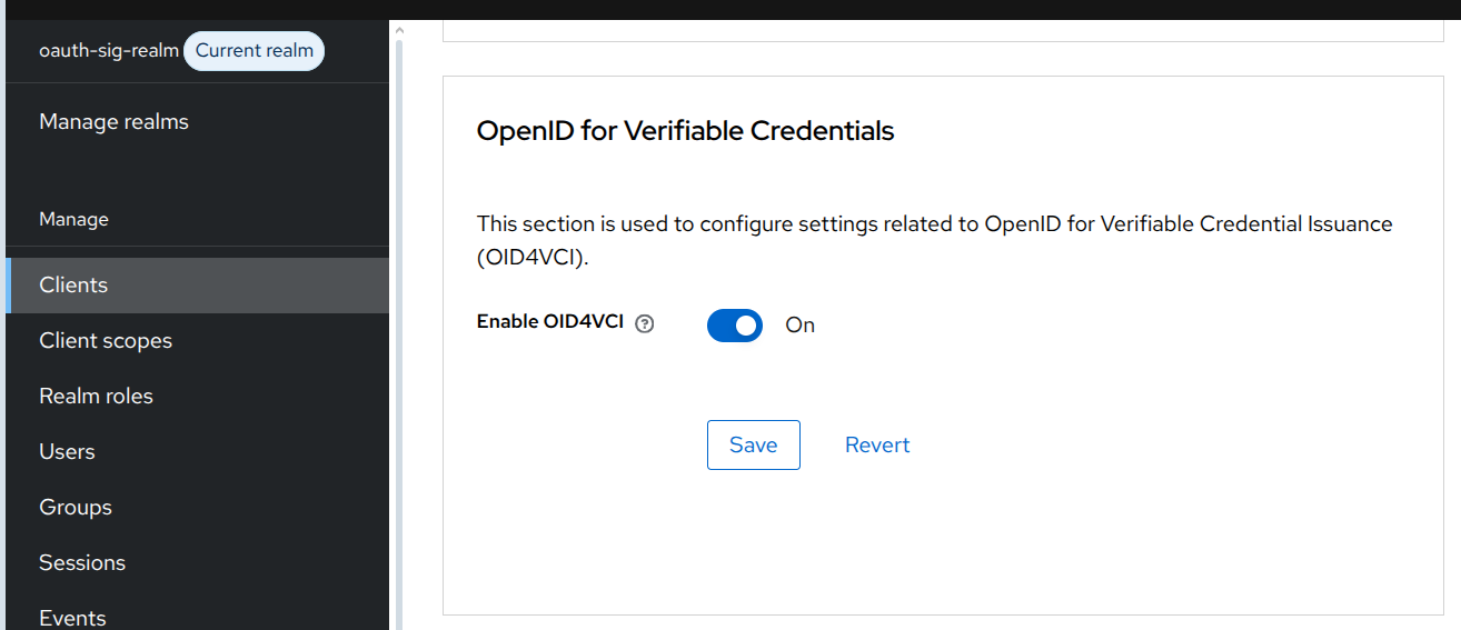 Screenshot: Enable OID4VCI on Client