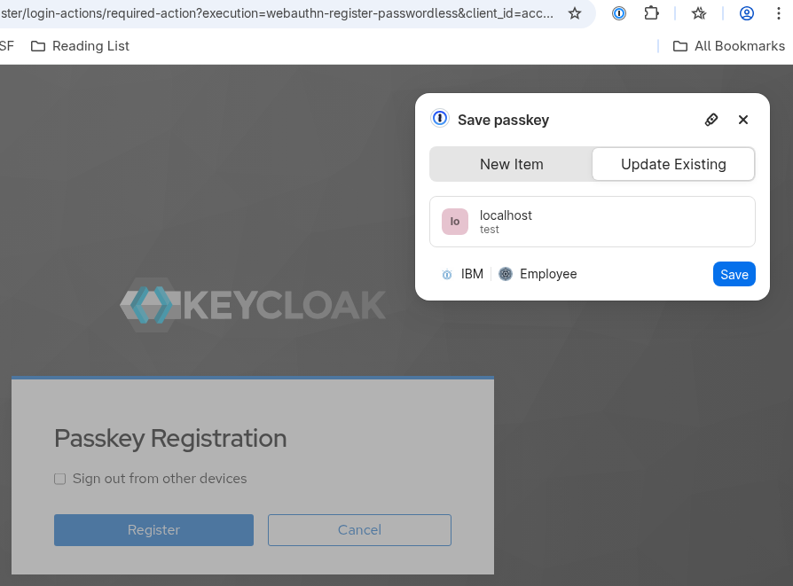 Registerering 1password passkey