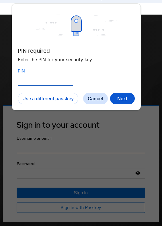 Enter the pin for the hardware key