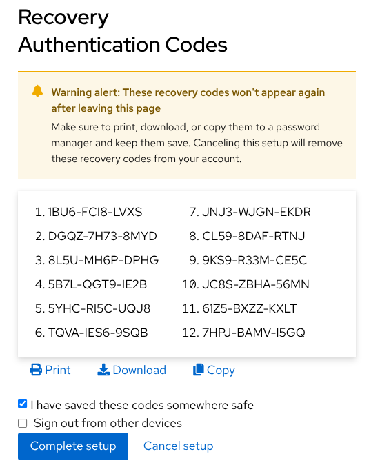 Set up Recovery authentication codes page